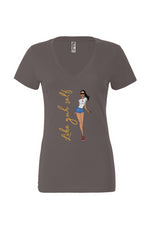 Load image into Gallery viewer, Like Yuh Self Women’s Jersey Deep V-Neck Tee Gold