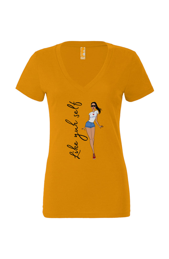 Like Yuh Self Black Women’s Jersey Deep V-Neck Tee