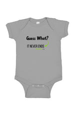 Load image into Gallery viewer, Guess What it never ends Infant Bodysuit
